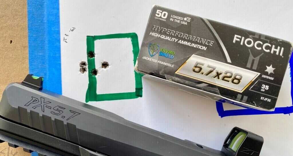 PX-5.7 pistol with 5.7x28 ammo and target