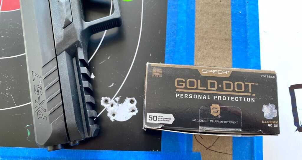 Speer Gold Dot ammo and pistol on target