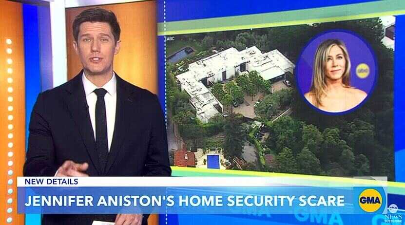 News coverage of gate-crashing  stalker with man and screen showing Jennifer Aniston's home in California