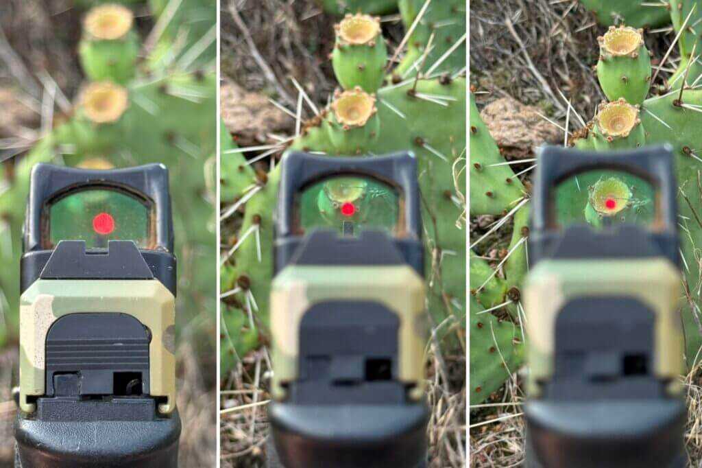 three images showing a red dot not hindered by back sights on a pistol