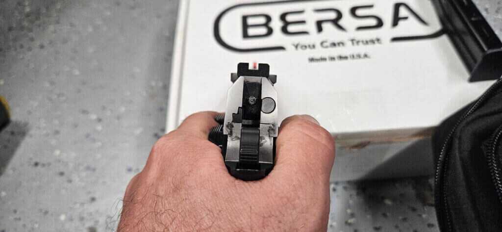 Sight picture through Bersa M2XI fixed rear with tritium front sight on target