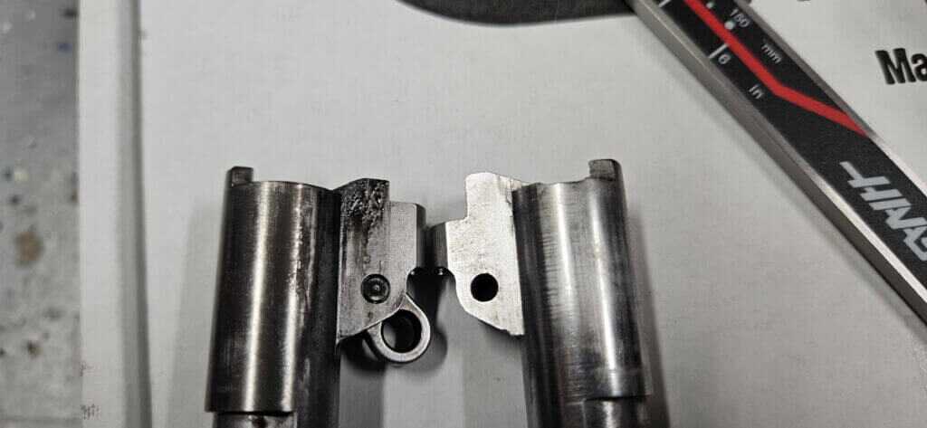 Close up of Bersa M2XI barrel ramp compared to Wilson Nowlin ramp showing non standard dimensions