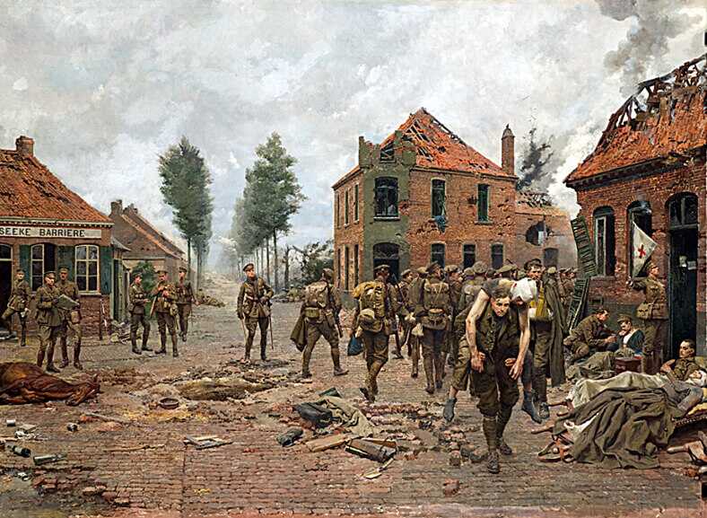 Painting of Henry Tandey carrying a wounded soldier at Kruiseke Crossroads, image linked to the Hitler claim
