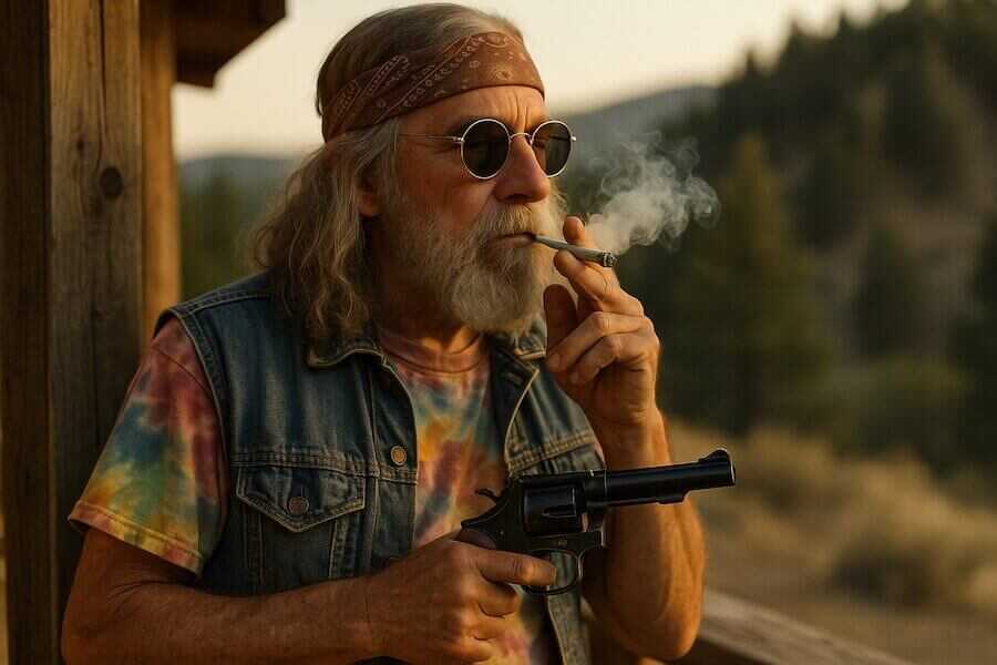 An AI-generated image of an older hippie smoking a joint and holding a revolver.