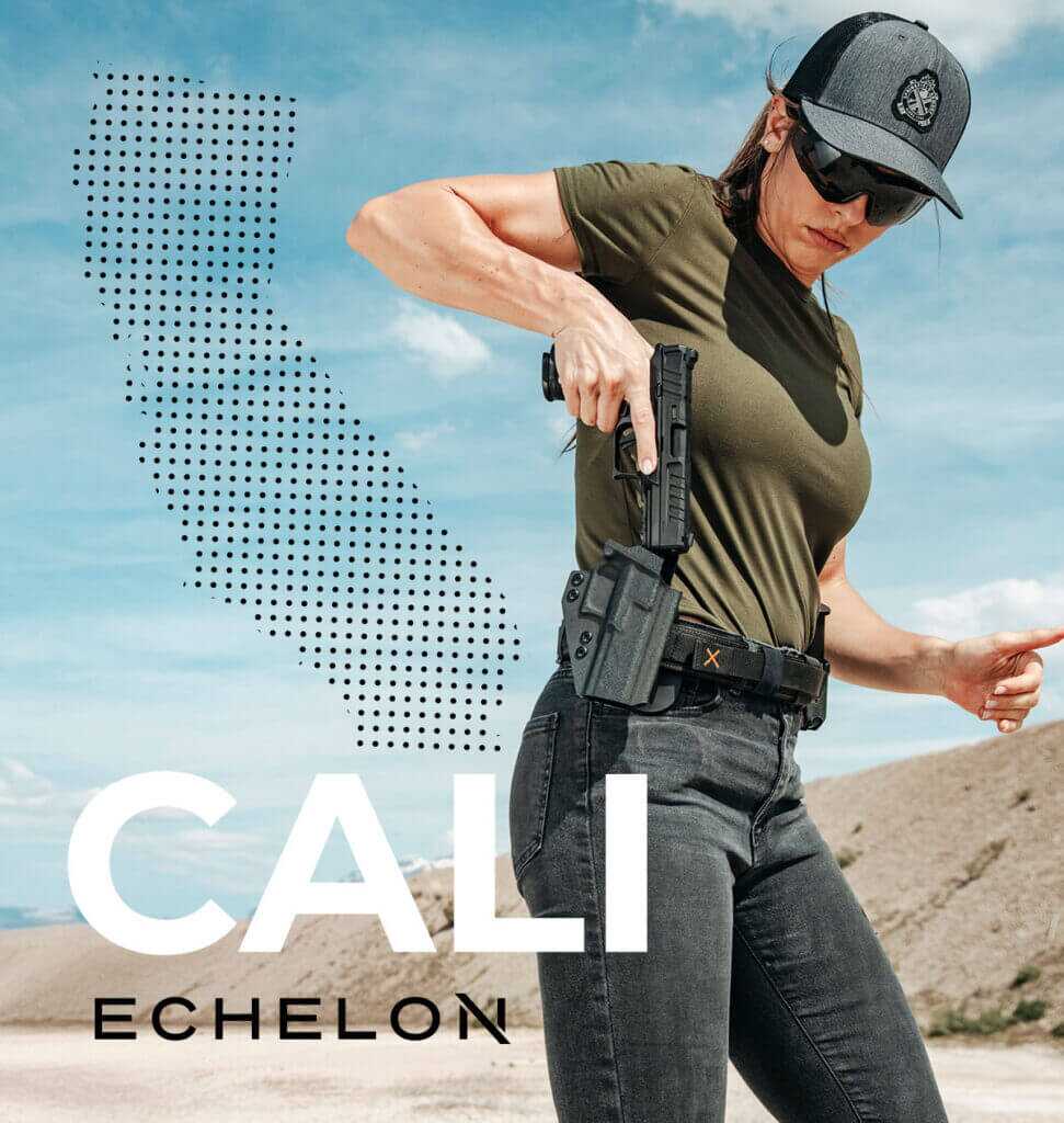 A woman holstering an echelon pistol.