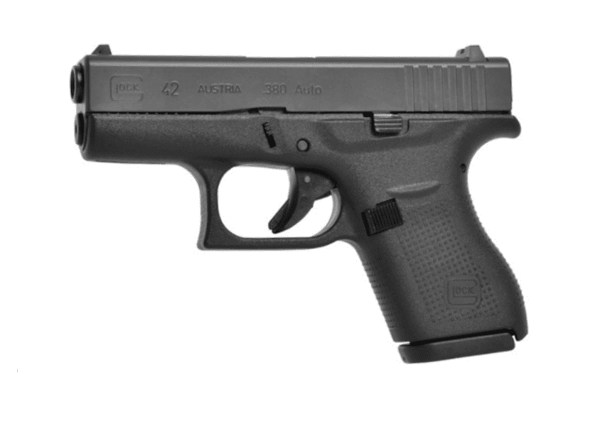 Glock 42 .380 ACP subcompact pistol in black, shown in a left-side profile view