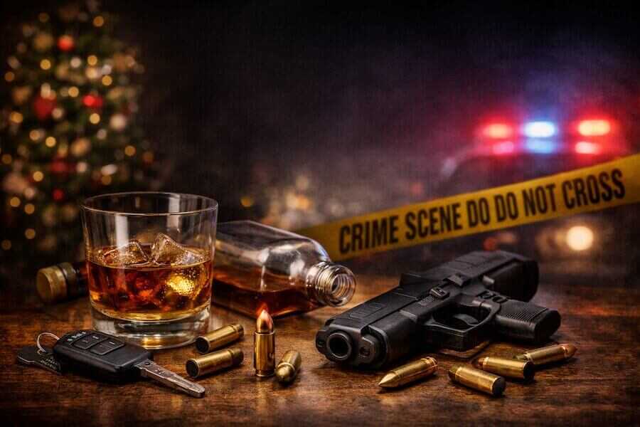 Handgun, ammunition, car keys, and a glass of whiskey on a table with police lights and crime scene tape in the background during the holiday season