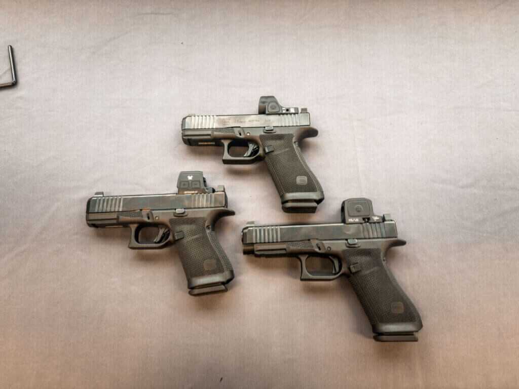 Glock Gen 6 lineup G17 G19 G45 on display at launch with new optics cuts and frame updates