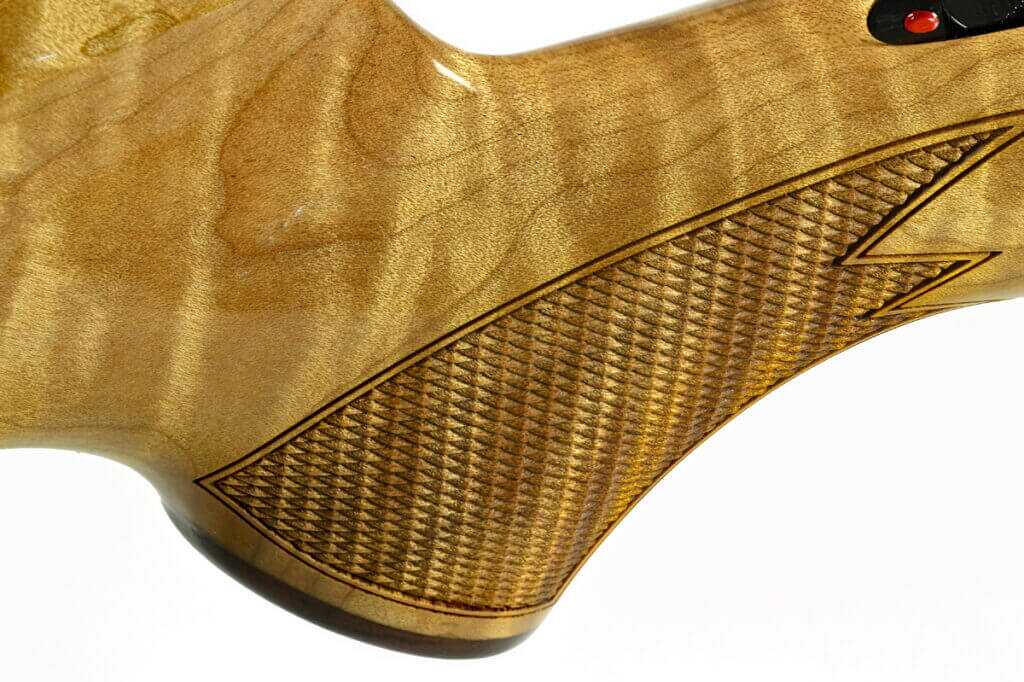 Browning X-Bolt 2 Medallion Maple 18 LPI point style checkering detail on fore end and grip