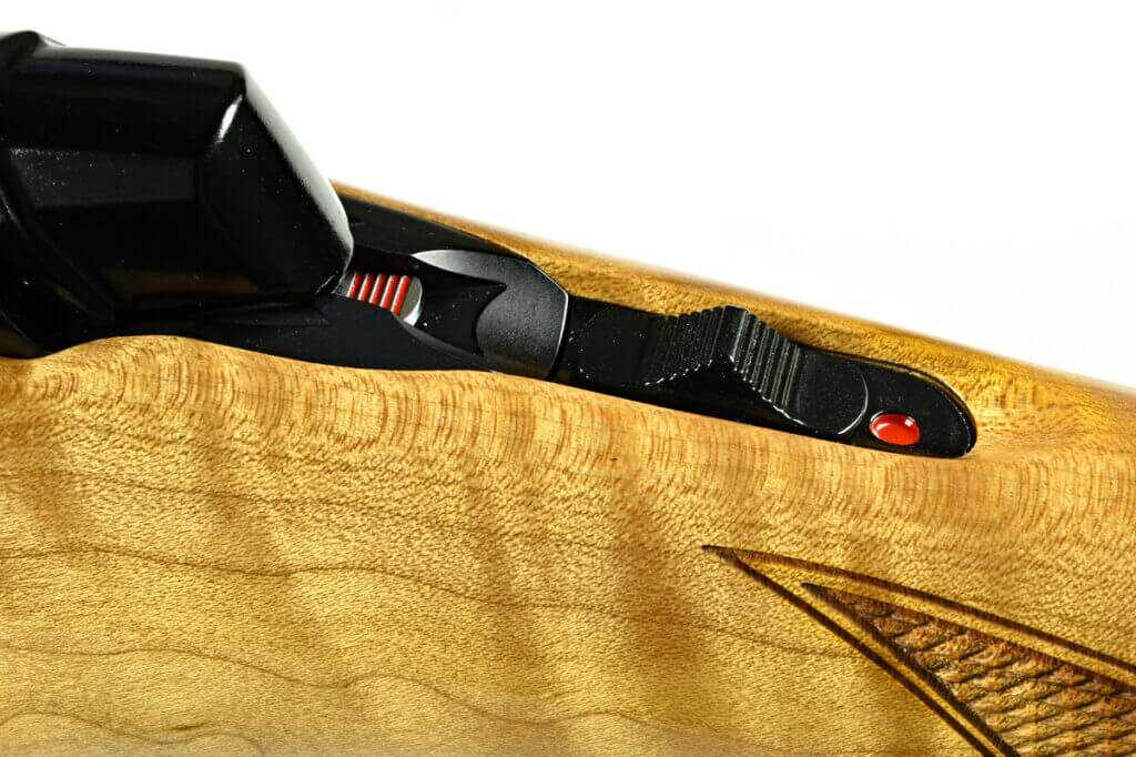 Browning X-Bolt 2 Medallion Maple tang mounted safety and bolt unlock button detail