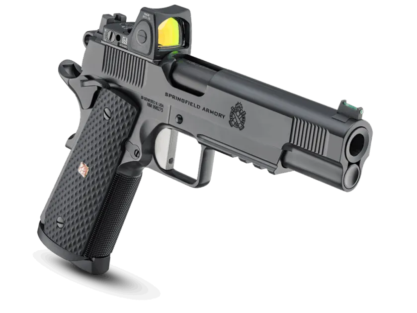 Studio image of the whole gun's right sight with the gun facing slightly toward the viewer.