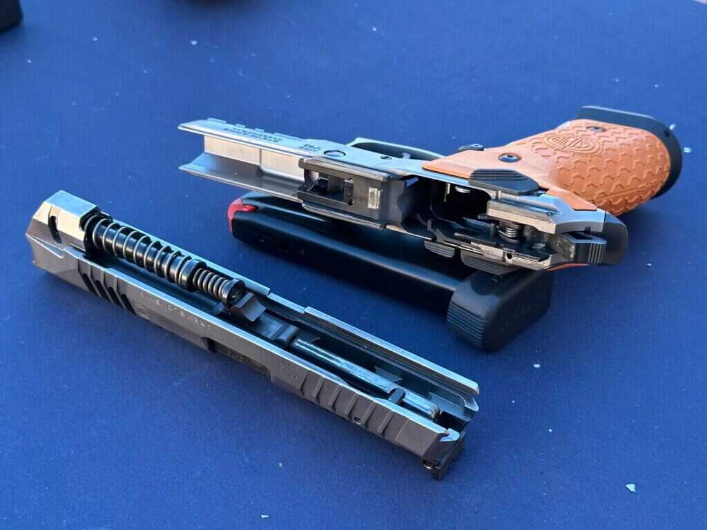 The slide is removed from the ATC Rock 5". showing the internals of the gun.