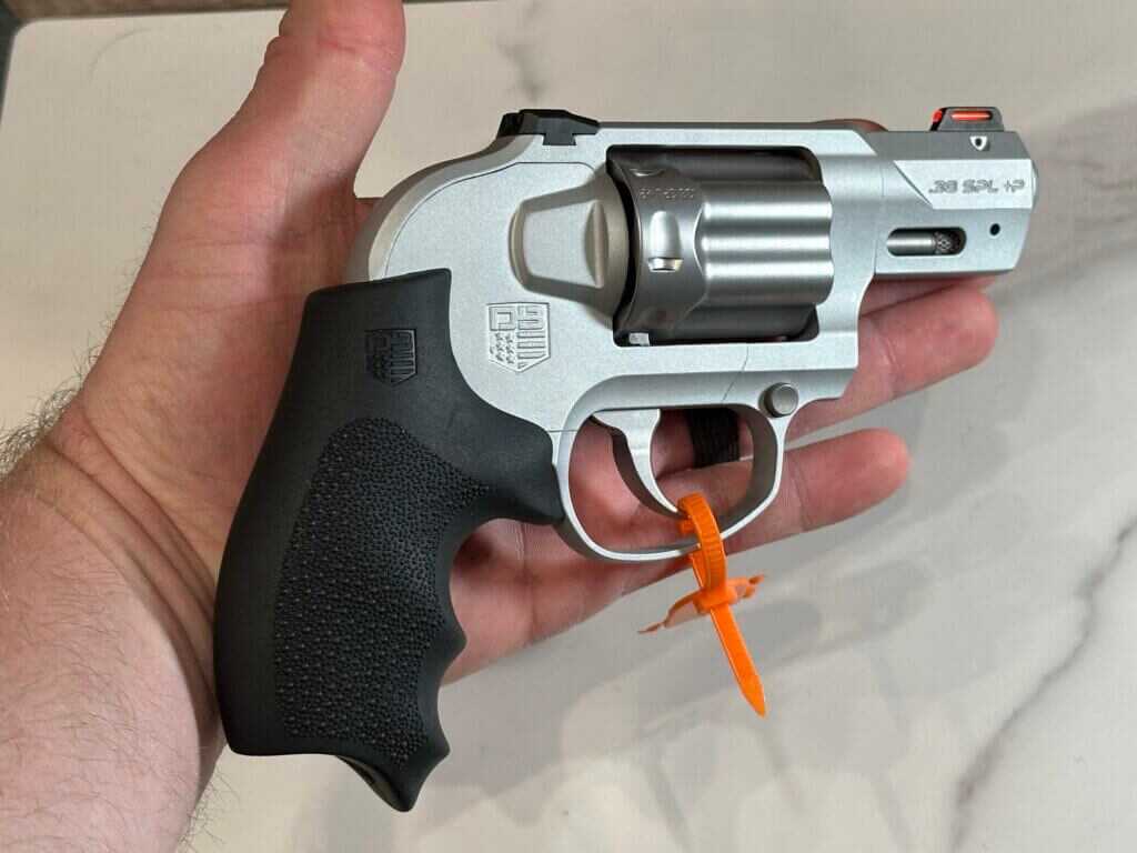 A silver colored revolver lays in a man's open hand.