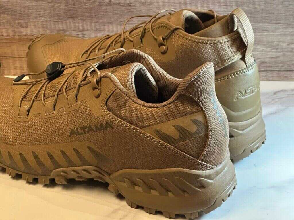 Two different height shoes are set next to eachother to compare them.