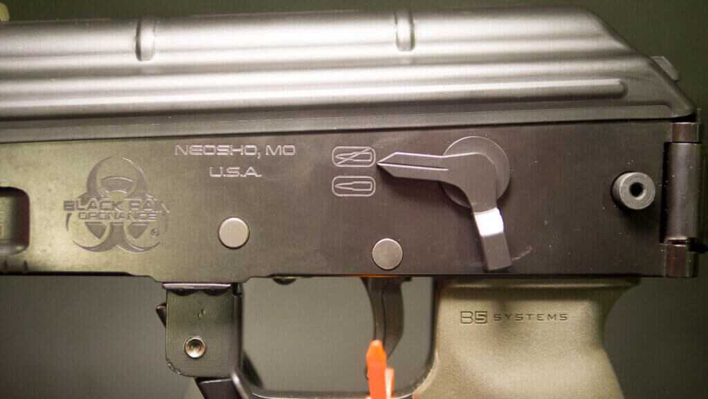 Close view of Freedom Fighter AK milled receiver with safety, left side detail