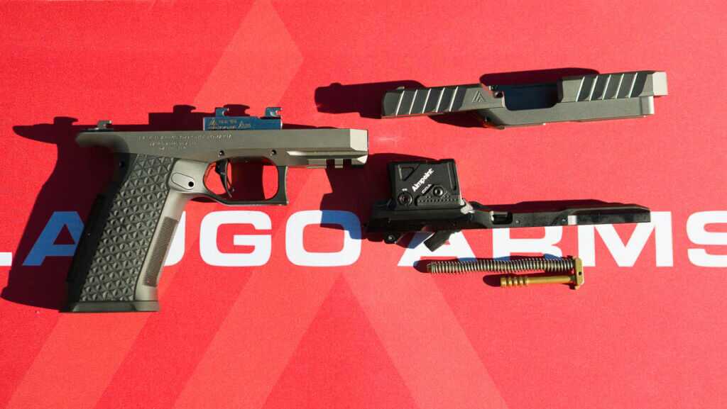 The gun field stripped with all parts layed out and facing right.