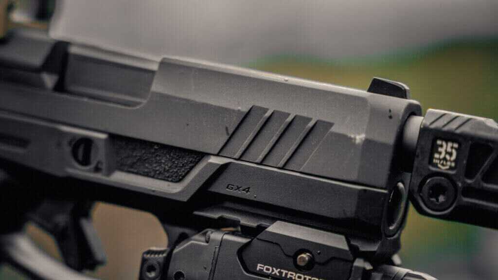 Taurus GX4 Strike Bravo slide serrations shown close up for grip during press checks and manipulations