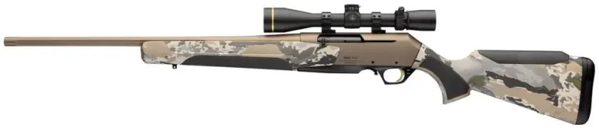 Studio image of a left-handed version with a scope and camo stock facing left.