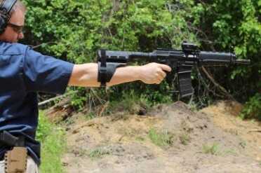 If you can support seven pounds at the end of your arm, the brace will allow you to shoot one-handed. Still, the P556 is far from stable in this position. 