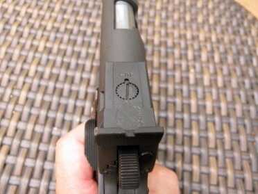 The rear target sight is adjustable in both windage and elevation. Just turn the adjusters with a screwdriver and the spring loaded detents keep your setting locked in.