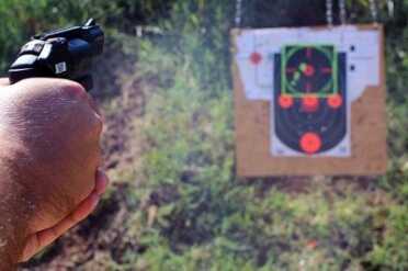 Smith & Wesson M&P .38 Hammerless Revolver w/Crimson Trace Not much. Recoil is tame, and nonexistent when compared to similarly sized guns in .357.