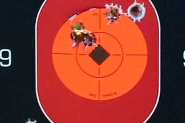 Smith & Wesson M&P .38 Hammerless Revolver w/Crimson Trace We're working from the sights on these shots, and the impacts are hitting even closer to point of aim.