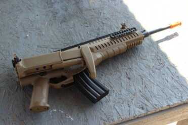 Airsoft ARX-160 from Umarex The stock folds. The battery is up inside there. That is the one disadvantage to this Airsoft gun--you have to keep the battery charged.