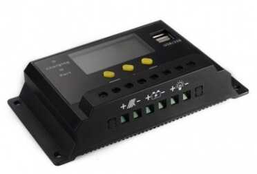 This is the charge controller that comes with a lot of systems and that sells for about $30 separately. It can handle 30 amps, or 360 watts. Look at the bottom for how the connectors work.  