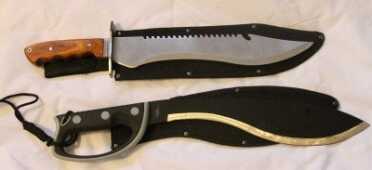 Be careful to stay away from imitations thinking that they are a real Kukri. The top knife is heavy because of its size, and it is a full tang, but it still isn't a Kukri. The bottom is a United Cutlery and little more than a way too light  curved machete. 