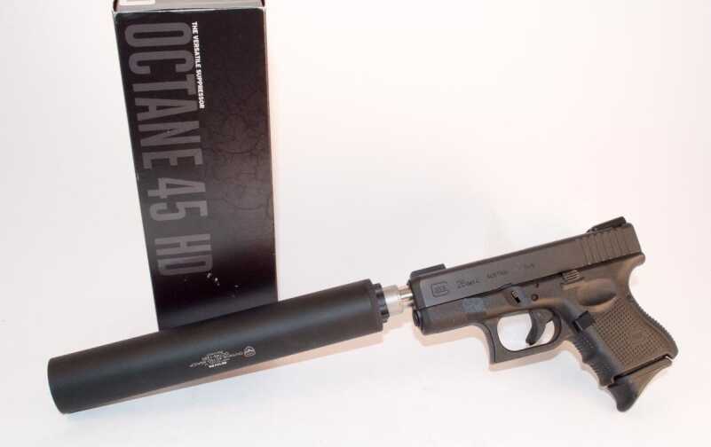 The SilencerCo Octane 45 can be used with smaller calibers too, like this Glock 26 9mm.