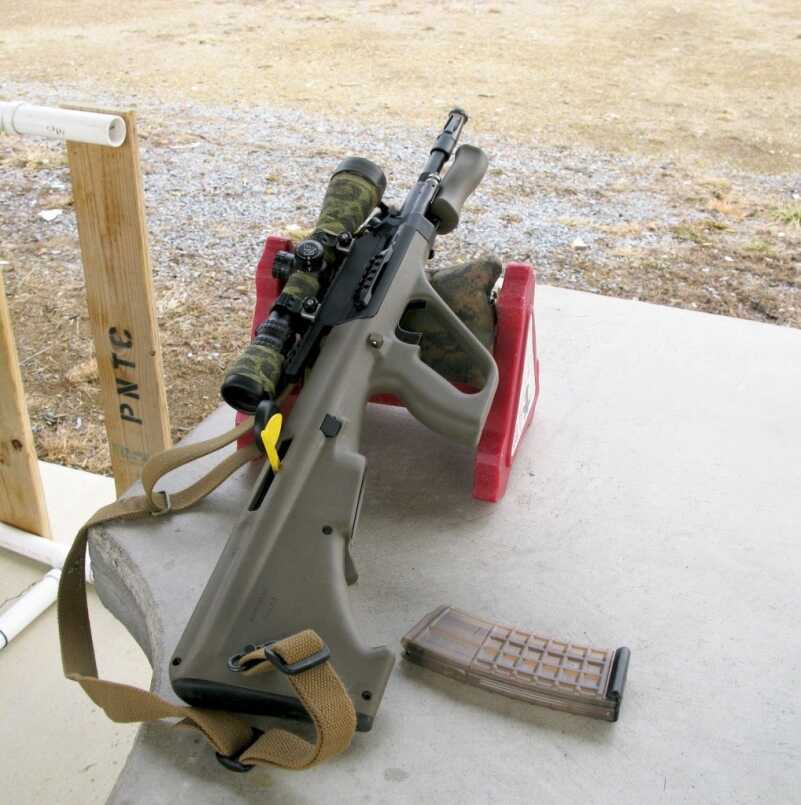 The Steyr AUG M3 A1--A New Take on the Old Bullpup The Nightforce 2.5-10X42 didn't turn the AUG into a tack driver but it did turn in some respectable groups at 100 yards for a basic carbine using match ammunition.