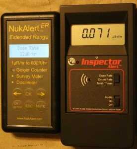 The Inspector Alert on the right here says it is a "surface contamination monitor," acknowledging that it can't handle radiation rates more than you would find on a contaminated surface. It goes for $500-$600 currently on Ebay. The $750 NUKalert-ER measures from 1uR/hr to 700R/hr, for $750, in a smaller package, and with an internal timer to turn the unit on and off for long term battery life. 