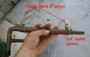 In this type of system you use an outside pump that pumps water through the jacket, cooling the inner pipe and condensing the steam. 