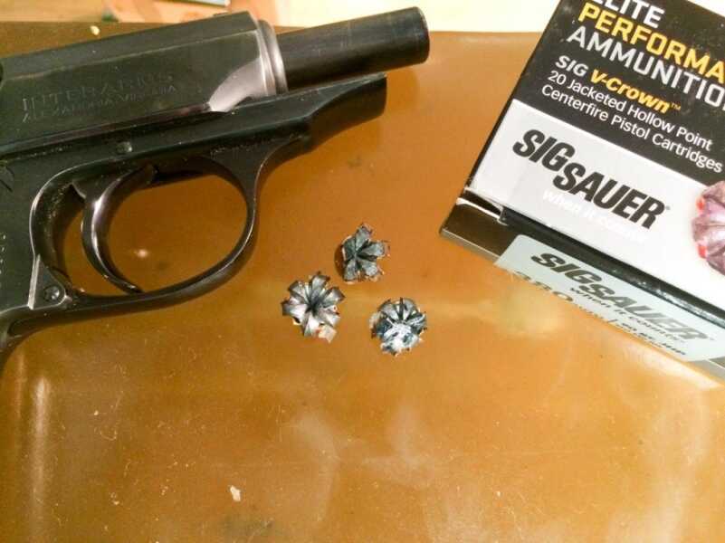 Ammo Test: Sig Sauer Elite Performance .380 ACP V-Crown Fired from the Walther PPK/S, these bullets expanded perfectly. Note the fabric clogging the bullet on the right. That didn't seem to impact performance.