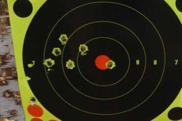 Standing, with the gun braced with the sling, from 15 meters. Iron sights.