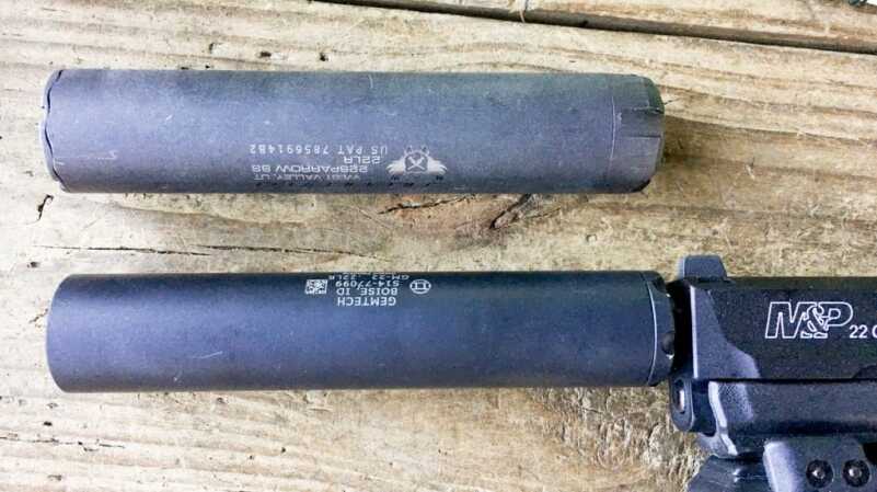 The SilencerCo Sparrow (top) and Gemtech GM-22 (bottom) are about the same size, although the GM-22 weighs just over 1/3 as much as the Sparrow.