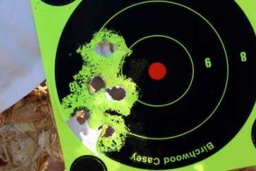 My first five out of the gun from 15 yards. Single action.