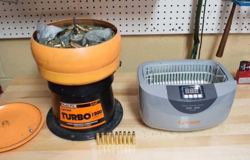 Reloading: The Reloading Process However you do it, with a dry tumbler or liquid method like the Lyman ultrasonic cleaner on the right, be sure to clean the loose dirt from your brass before reloading. It doesn't have to be shiny, just clean.