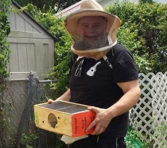 I didn't take a lot of pictures or shoot any video when I installed my bees. We actually had a baby the same week. This is the box that bees come in when you buy the 3 lb. package. The hole holds a can of sugar syrup, and you just shake the bees out through the hole into the hive body. Spray them down good with sugar syrup first and you can do this bare handed as I did. 