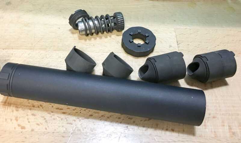 Suppressor Review: AAC Illusion 9mm Maintenance is easy as the baffles slide right out the fiery end. Note the notches to make sure they're aligned correctly.