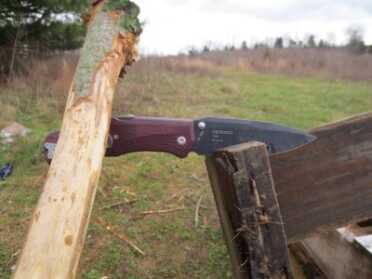 Batoning into a wooden pallet.  The wood was a little wet on the corners.  