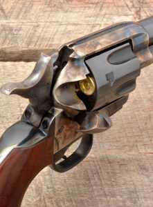 The Uberti Cattleman II with retractable firing pin has an authentic look when viewed from behind the hammer (shown at half cock). 