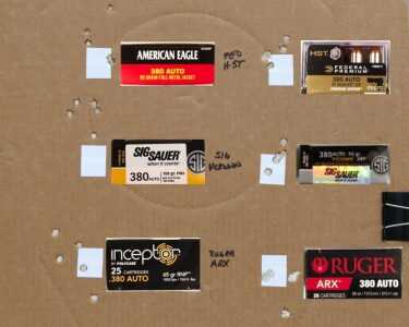 Shooting off hand at 7 yards for accuracy, the overall group size for the six brands of ammunition tested averaged 1.81 inches. Two of three defensive ammunition loads grouped under 1.5 inches.