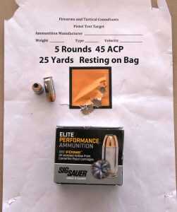 Set up with the .45 ACP conversion, the pistol also shot quite well with the Sig Sauer Elite Performance V-Crown ammo.