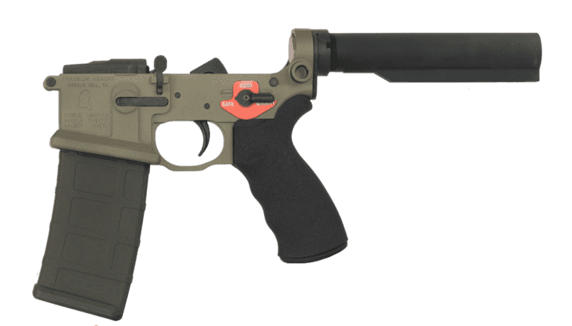 The BFS is designed to "drop in" to a wider range of AR-15 lowers with minimal fitting and fuss. Note the red selector markings "plate" under the ambidextrous selector. Image courtesy of Franklin Armory.