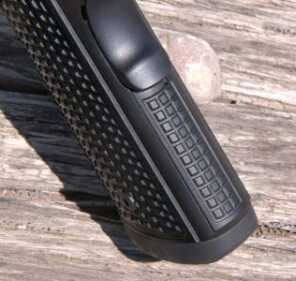 The FRAG pistol features smooth squares rather than sharp checkering for a comfortable, yet firm grip for the shooter.