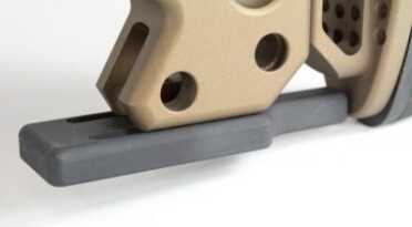 The bag rider helps keep the rifle on the rear sand bag during recoil. Underneath is a bipod attachment point. 