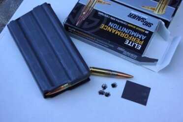 The Sig Sauer Elite Performance ammo ran without a hitch in the rifle and produced this 50 meter group.