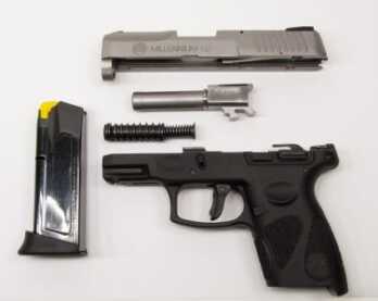 The PT 111 can be field stripped without additional tools. The disassembly latch is located on the frame slightly ahead and directly above the trigger.