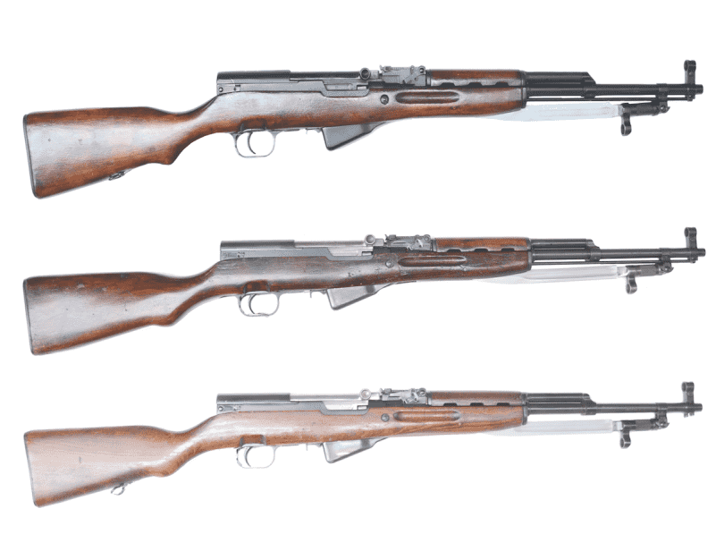 Although relatively short-lived, the SKS carbine is a popular and collectible milsurp firearm with numerous variations. Shown from top to bottom: Russian CK45g, Chinese Type 56 and Romanian M56.